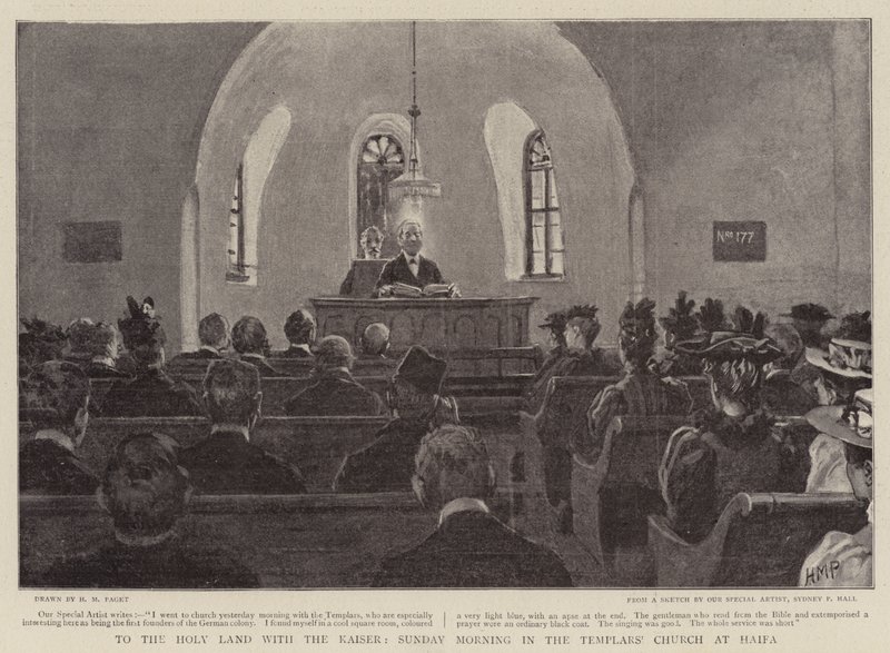 Do Ziemi Świętej z cesarzem, niedzielny poranek w kościele templariuszy w Hajfie autorstwa Henry Marriott Paget