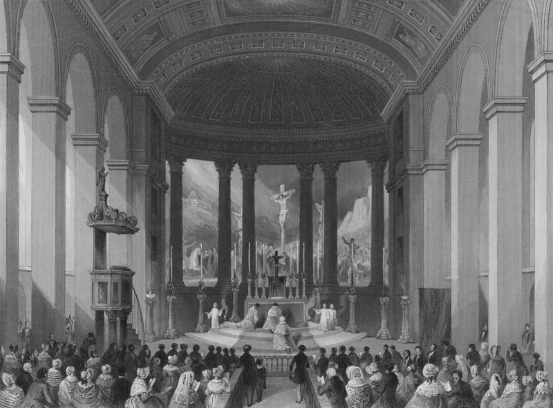 Uroczystość Mszy Świętej w Boże Narodzenie, Kaplica Rzymskokatolicka, Moorfields, City of London (rycina) autorstwa Henry Melville
