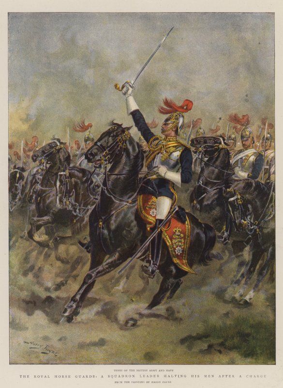 Royal Horse Guards, dowódca eskadry powstrzymujący swoich ludzi po szarży (chromolitho) autorstwa Henry Payne
