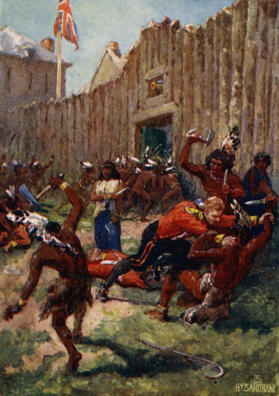 Indianie Ojibwe zaskakują Brytyjczyków w Fort Michilimackinac, 1763 autorstwa Henry Sandham