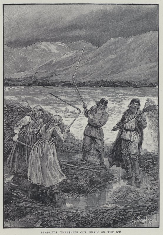Chłopi młócący ziarno na lodzie (lito) autorstwa Henry Sandham