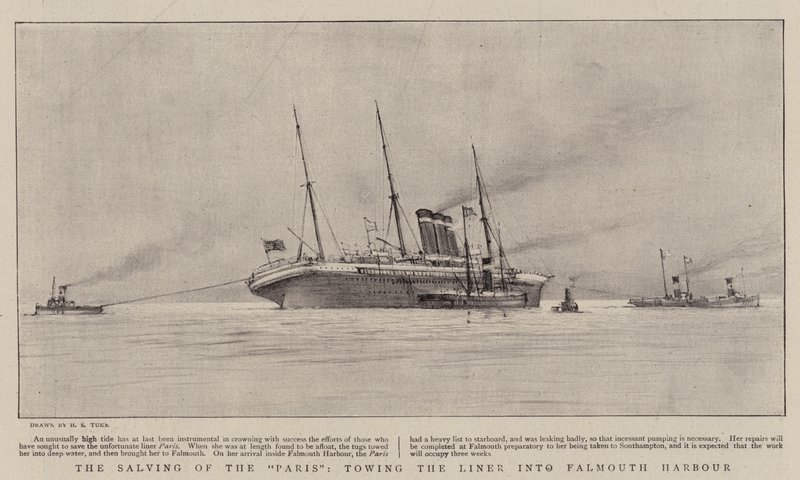 Salving na Paris, holowanie liniowca do portu Falmouth autorstwa Henry Scott Tuke