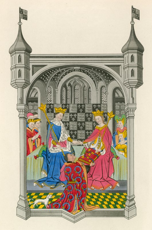 John Talbot, hrabia Shrewsbury, przedstawiający swoją książkę królowej Małgorzaty, ilustracja z „Sukienki i dekoracje” Henry