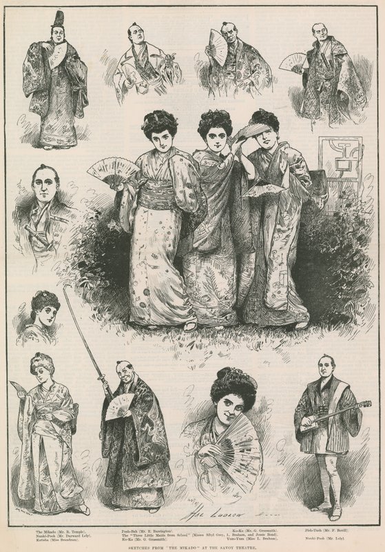 Szkice z przedstawienia "Mikado" w Teatrze Savoy autorstwa Henry Stephen Ludlow