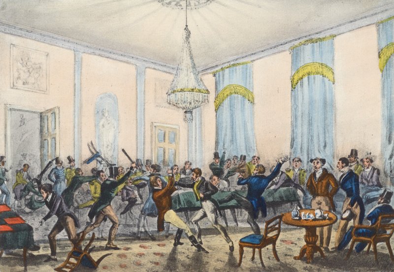 Piekielna awantura w piekle, Mytton pokazuje walkę (litografia) autorstwa Henry Thomas (after) Alken