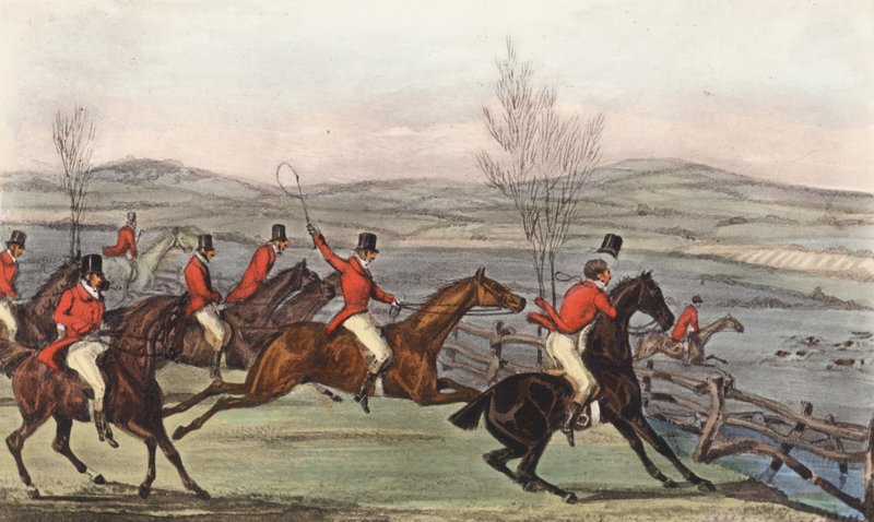 "Teraz dla honoru Shropshire!" Dzień Shavington; Próba rywalizujących stad, a co za tym idzie rywalizujących jeźdźców (litografia) autorstwa Henry Thomas (after) Alken