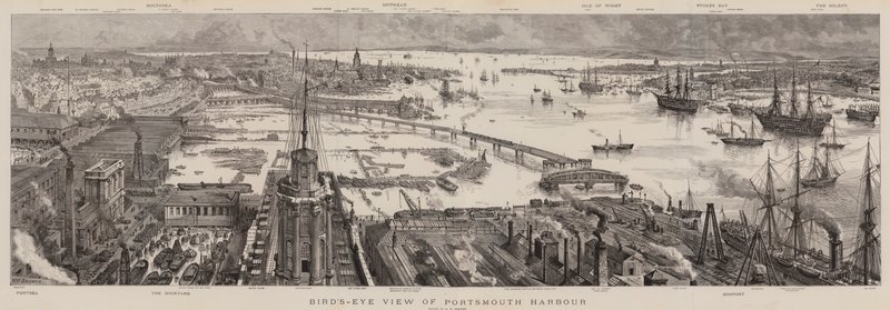 Widok z lotu ptaka na Portsmouth Harbour autorstwa Henry William Brewer