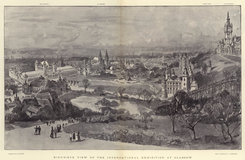 Międzynarodowa Wystawa w Glasgow z lotu ptaka autorstwa Henry William Brewer