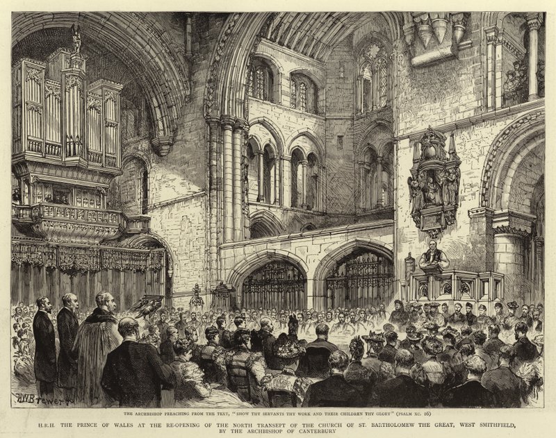 Jego Wysokość Książę Walii podczas ponownego otwarcia północnego transeptu kościoła św. Bartłomieja Wielkiego w West Smithfield przez arcybiskupa Canterbury autorstwa Henry William Brewer