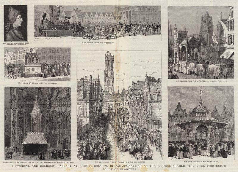 Korowód historyczny i religijny w Brugii, Belgia, na pamiątkę Błogosławionego Karola Dobrego, trzynastego hrabiego Flandrii autorstwa Henry William Brewer