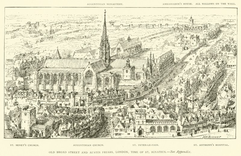 Old Broad Street i Austin Friars, Londyn, czasy św. Ignacego (rycina) autorstwa Henry William Brewer