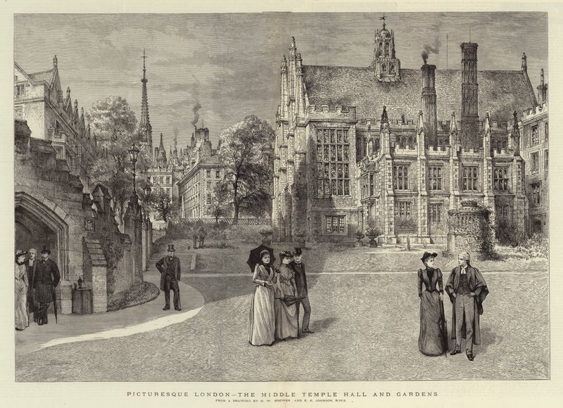 Malowniczy Londyn, sala i ogrody Middle Temple autorstwa Henry William Brewer