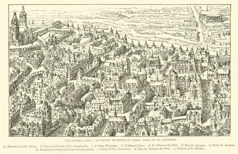 „Quartier Latin”, dzielnica studencka Paryża, czasy św. Ignacego (rycina) autorstwa Henry William Brewer