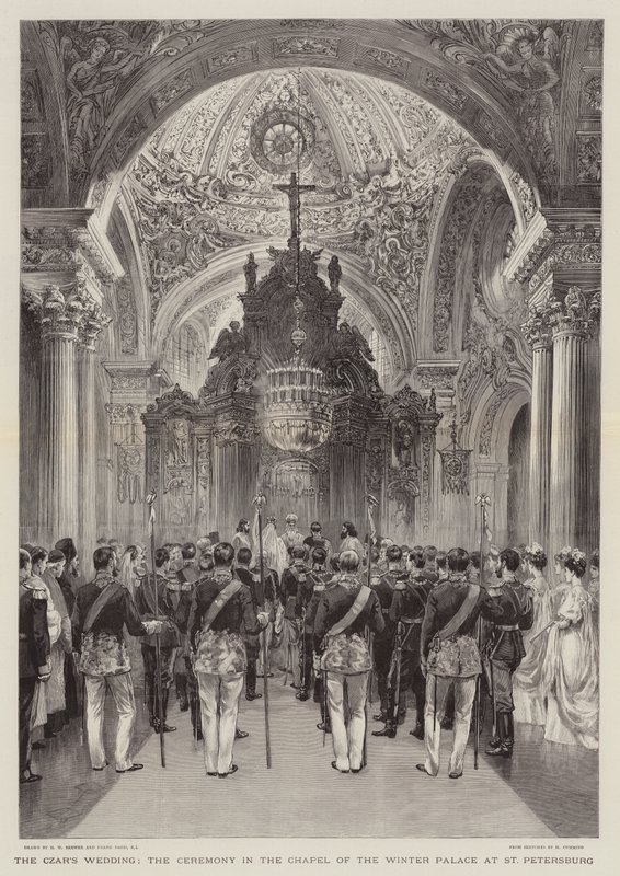 Wesele cara, ceremonia w kaplicy Pałacu Zimowego w Petersburgu autorstwa Henry William Brewer