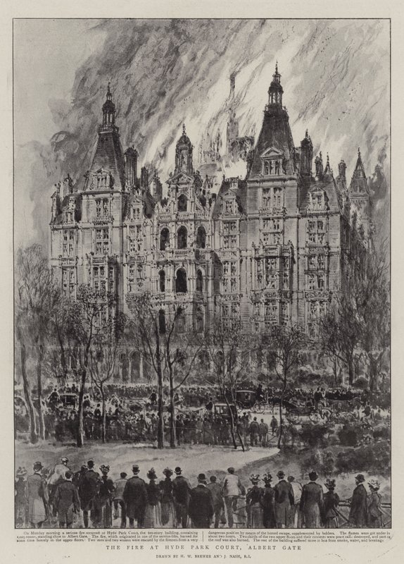 Pożar w Hyde Park Court, Albert Gate autorstwa Henry William Brewer