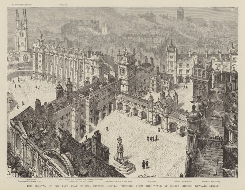 Usunięcie Szkoły Błękitnych Płaszczy, Szpital Chrystusa, szkicowane z wieży Kościoła Chrystusa, Newgate Street autorstwa Henry William Brewer