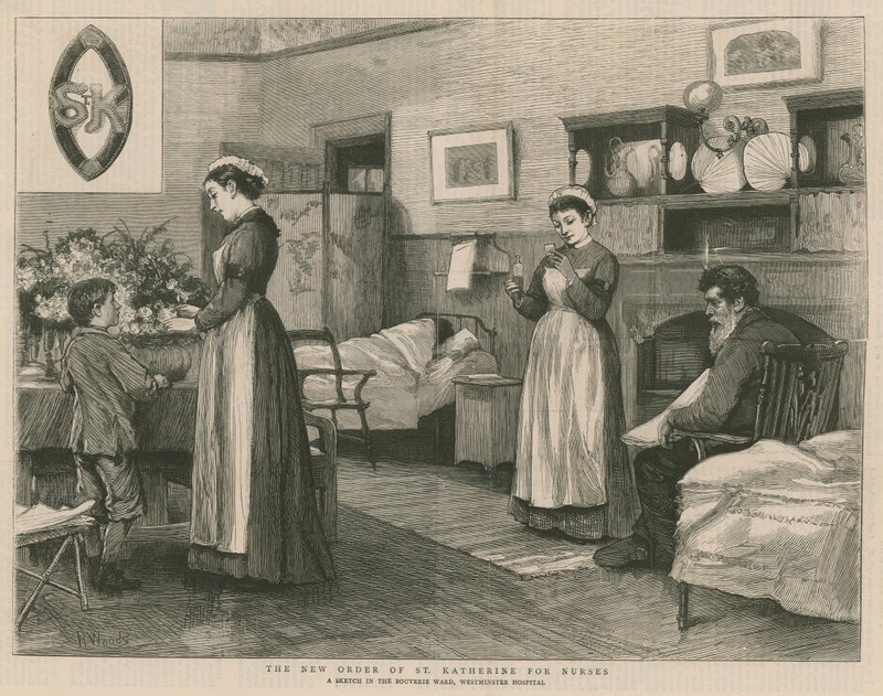 Nowy zakon św. Katarzyny dla Pielęgniarek; szkic w Bouverie Ward, Westminster Hospital autorstwa Henry Woods