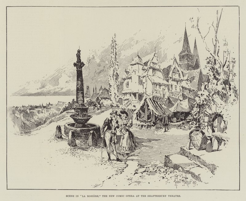 Scena w La Rosiere, nowej operze komicznej w Shaftesbury Theatre autorstwa Herbert Railton