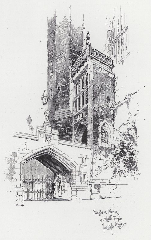 Most i ganek do Biblioteki Średniej Świątyni (grawerowanie) autorstwa Herbert (after) Railton