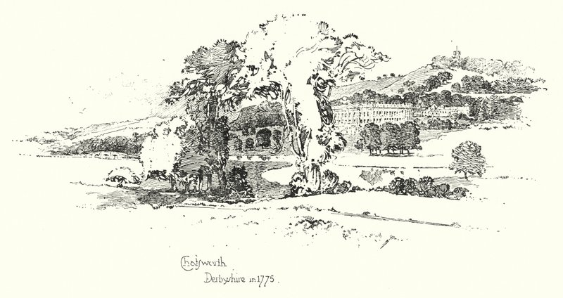 Chatsworth, Derbyshire, w 1775 roku (lito) autorstwa Herbert (after) Railton