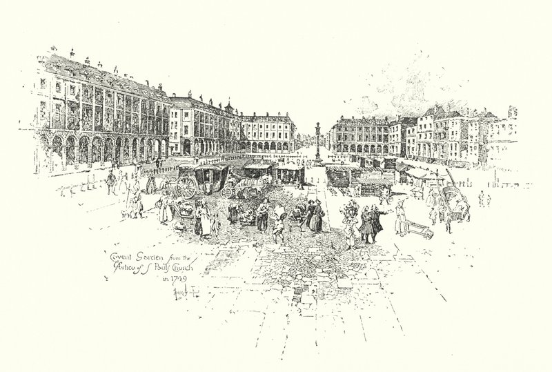 Covent Garden z portyku kościoła św. Pawła w Londynie, 1749 (lito) autorstwa Herbert (after) Railton