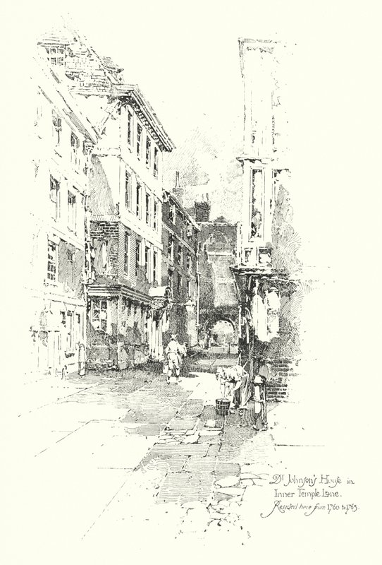 Dom dr Johnsona, Inner Temple Lane, mieszkał tam od 1760 do 1765 roku (lito) autorstwa Herbert (after) Railton