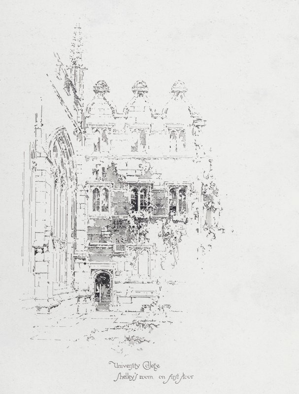 Pokój angielskiego poety Percy Bysshe Shelleya na pierwszym piętrze University College w Oksfordzie (lito) autorstwa Herbert (after) Railton
