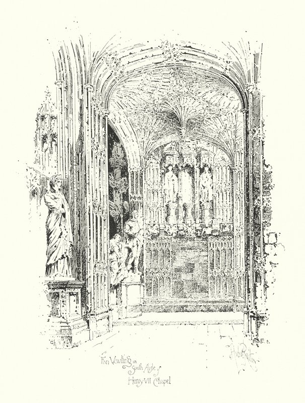 Sklepienie wachlarzowe w nawie południowej kaplicy Henryka VII (litografia) autorstwa Herbert (after) Railton