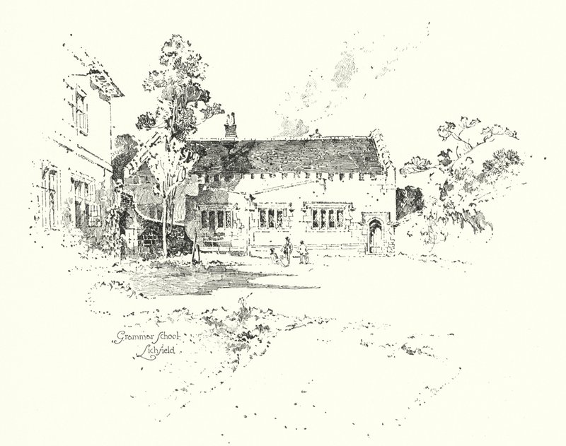 Grammar School, Lichfield, gdzie dr Johnson chodził do szkoły (lito) autorstwa Herbert (after) Railton