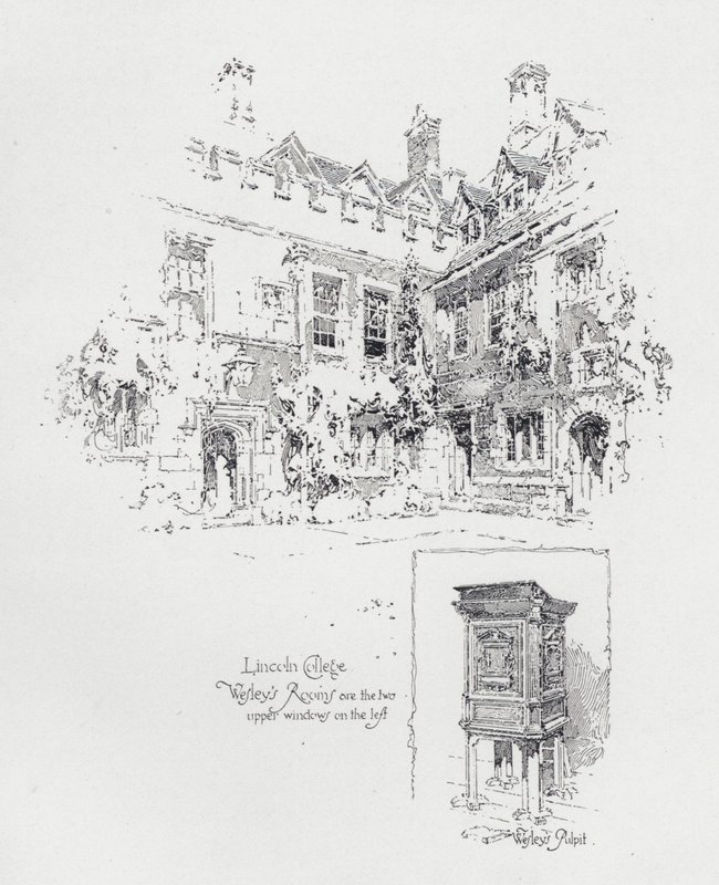 Ambona używana przez angielskiego kaznodzieję metodystycznego Johna Wesleya i jego pokoje w Lincoln College w Oksfordzie (lito) autorstwa Herbert (after) Railton