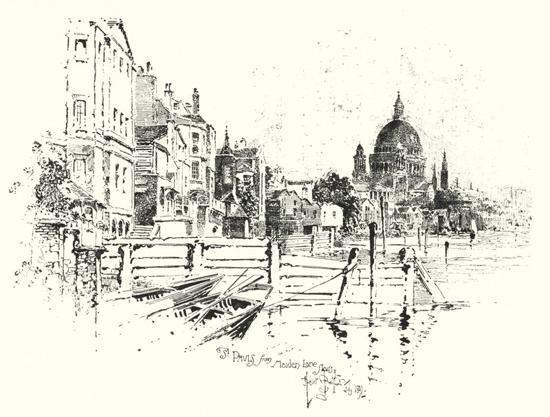 Katedra św. Pawła, Londyn, ze schodów Maiden Lane (lito) autorstwa Herbert (after) Railton