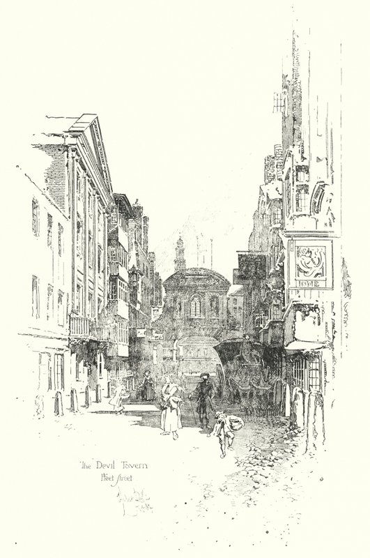 The Devil Tavern, Fleet Street, w czasach Dr Johnsona (lito) autorstwa Herbert (after) Railton