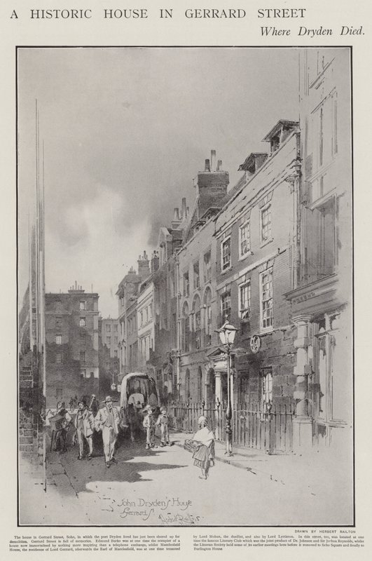 Dom przy Gerrard Street w Londynie, w którym w 1700 roku zmarł poeta John Dryden (lito) autorstwa Herbert (after) Railton