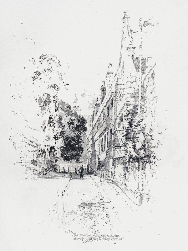 Wąska Brasenose Lane w Oksfordzie, pokazująca Kolegium Zaduszek i kasztanowiec Reginalda Hebera (lito) autorstwa Herbert (after) Railton
