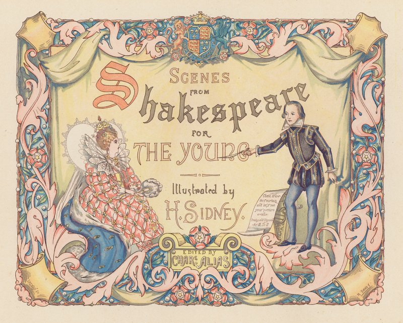 Ilustracja na stronie tytułowej do Scen z Szekspira dla młodzieży (kolorowa litografia) autorstwa Herbert (after) Sidney