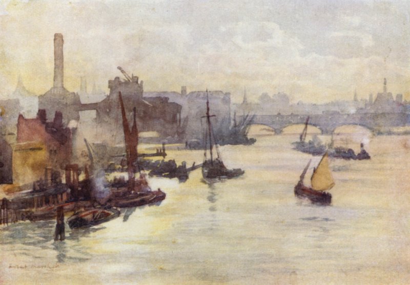 Jesienne popołudnie, z mostu Southwark (kolor lito) autorstwa Herbert Menzies (after) Marshall