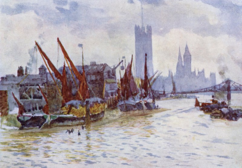 Barki siana leżące przy promie konnym w Westminster (kolor lito) autorstwa Herbert Menzies (after) Marshall