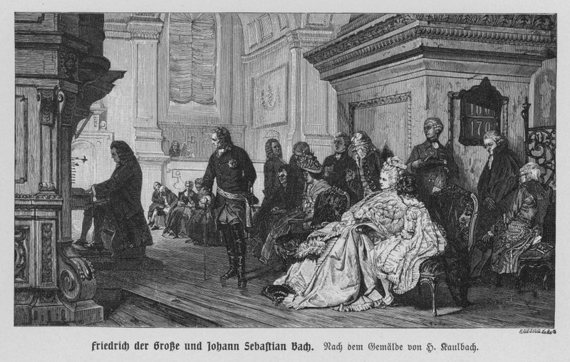 Johann Sebastian Bach grający dla króla pruskiego Fryderyka Wielkiego (grafika) autorstwa Hermann Kaulbach