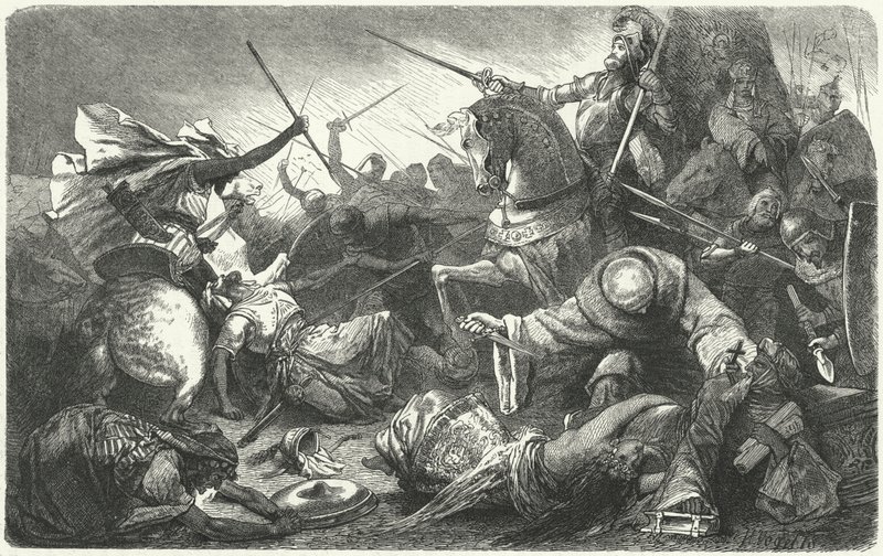 Chrześcijanie walczący z Almohadami w bitwie pod Las Navas de Tolosa, Hiszpania, 1212 r autorstwa Hermann Vogel
