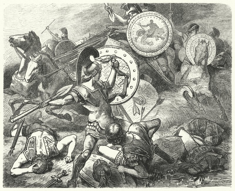 Epaminondas ratujący życie Pelopidasa w bitwie pod Mantineą, 385 pne autorstwa Hermann Vogel