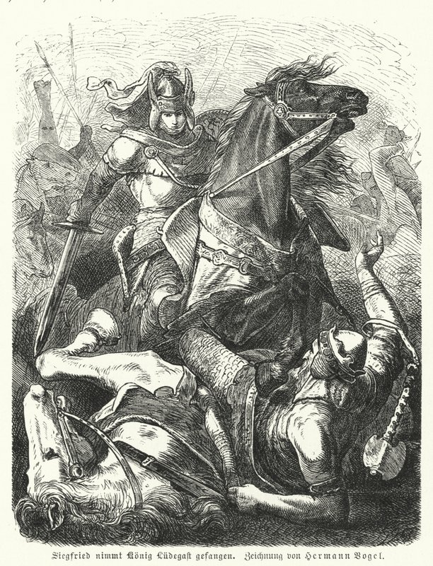 Zygfryd chwytając króla Ludegast autorstwa Hermann Vogel
