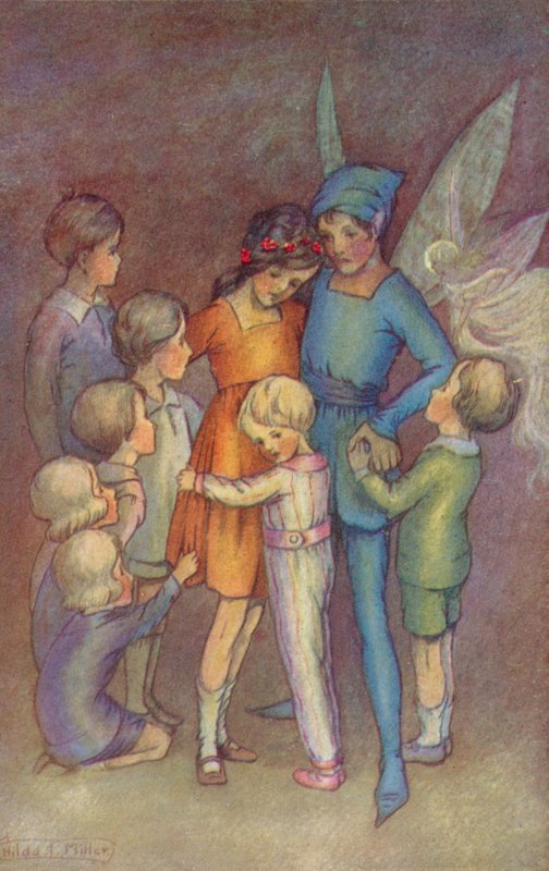 Piotruś Pan i Dzwoneczek (kolorowa litografia) autorstwa Hilda Theodora Miller