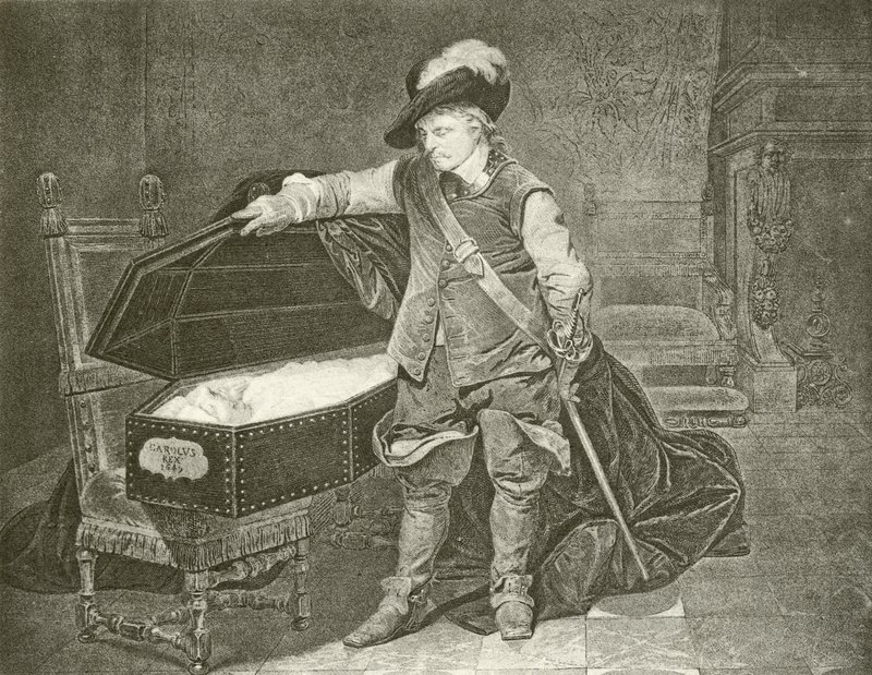 Oliver Cromwell patrzący na zwłoki króla Karola I (grawiura) autorstwa Hippolyte Delaroche