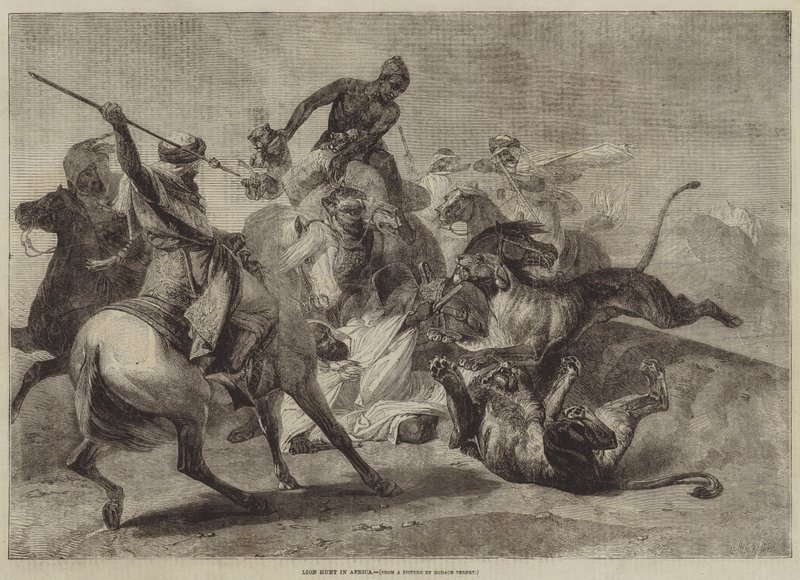 Polowanie na lwa w Afryce autorstwa Emile Jean Horace Vernet