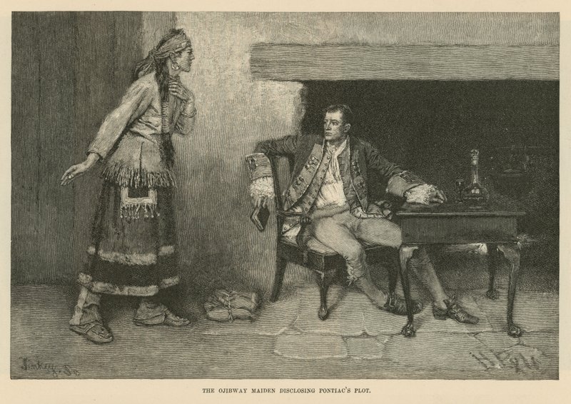 Dziewica z plemienia Ojibway wyjawiła spisek Pontiaca. autorstwa Howard Pyle