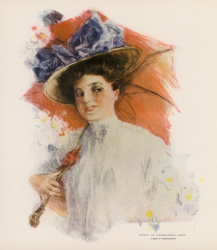 Młoda kobieta z pomarańczowym parasolem (kolorowa litografia) autorstwa Howard Chandler (after) Christy