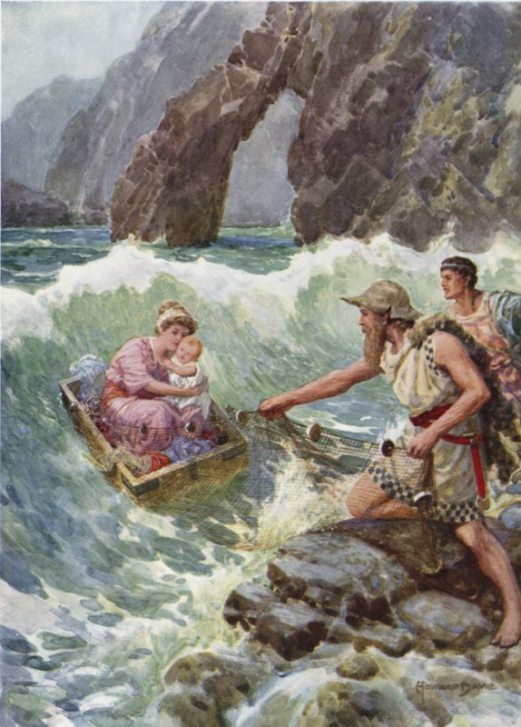 Pociągnął ją i dziecko bezpieczne na półce skalnej. Z Jak Perseusz i jego matka przybyli do Seriphos (kolor lito) autorstwa Howard Davie