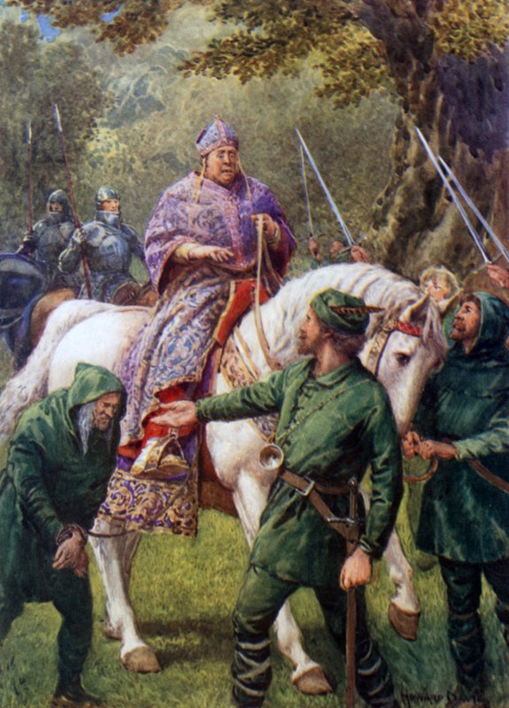 „Robin Hood spotyka biskupa Hereford” (kolor lito) autorstwa Howard Davie