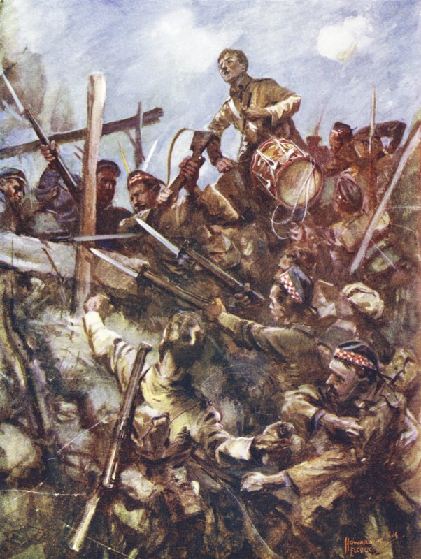 Perkusista Walter Ritchie stojący na balustradzie wroga, by ogłosić szarżę, pod ostrzałem ciężkich karabinów maszynowych i atakami bombowymi, Beaumont Hamel, Francja, 1 lipca 1916 autorstwa Howard K. Elcock