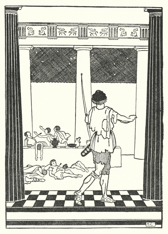 Odyseusz zabijający zalotników Penelopy (litografia) autorstwa Hugh Chesterman